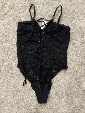 La Senza Black Lace Bodysuit with Pink Logo Trim NWT